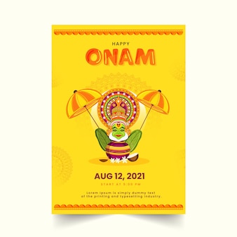 Happy onam poster or template design with kathakali dancer face and festival elements in yellow color.