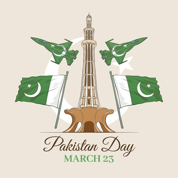 Happy pakistan day hand drawn and landmark