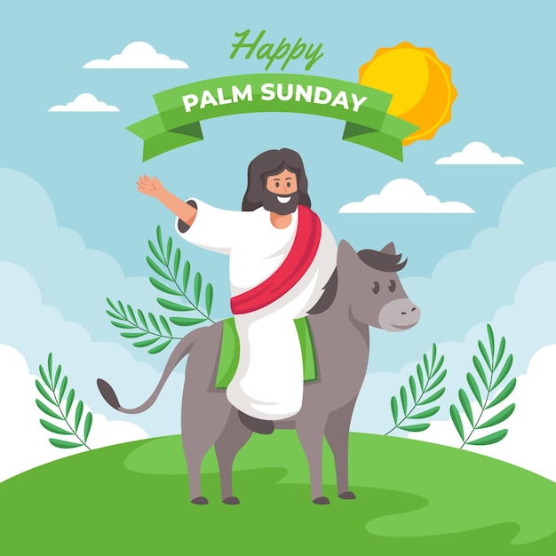 Vettore gratuito illustrazione felice di domenica delle palme con gesù e asino