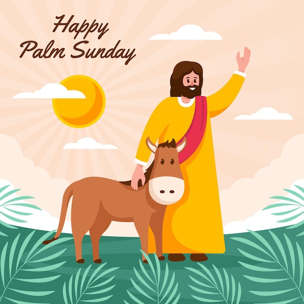 Happy palm sunday illustration with jesus and donkey