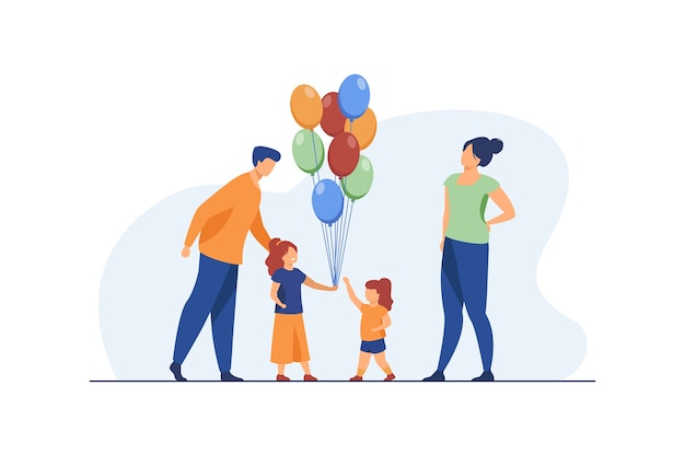 Happy parents and little girls with air balloons. Birthday, daughter, mom flat vector illustration. Celebration and holiday 
