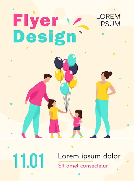 Happy parents and little girls with air balloons flyer template