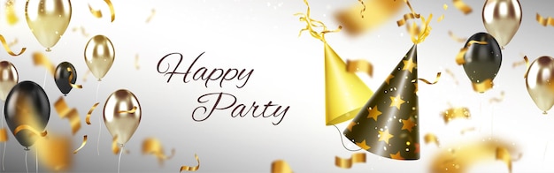 Free vector happy party banner with birthday hats, balloons