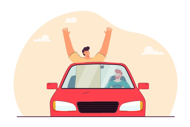 Счастливый пассажир, глядя с крыши автомобиля с поднятыми руками. друзья, весело проводящие время в поездке вместе с плоской векторной иллюстрацией. лето, концепция отпуска для баннера, дизайна веб-сайта или целевой страницы