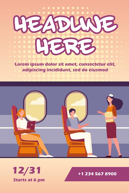 Free vector happy passengers sitting and airplane near windows flyer template