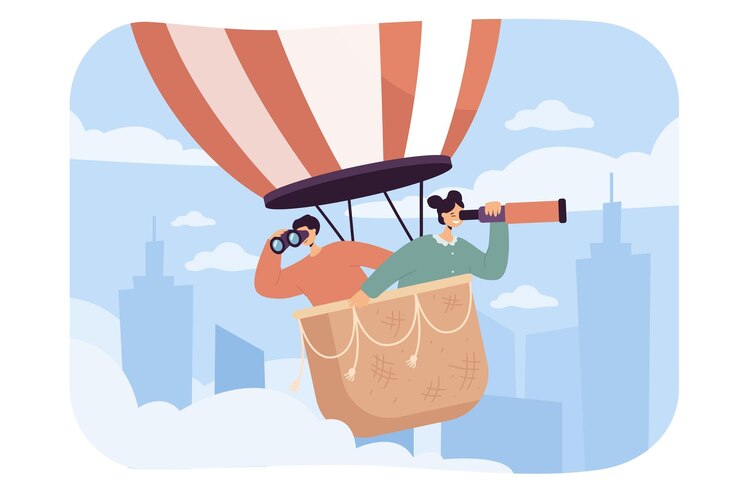 無料Vector 気球フラットベクトルイラストで幸せな人々。男性と女性、または双眼鏡を見て、創造的な欠員を探し、仕事を見つける従業員。就職活動、研究コンセプト