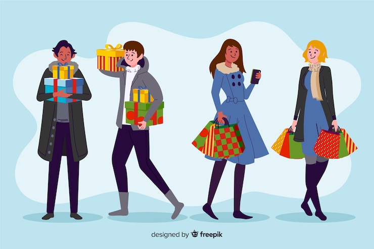 Free Vector happy people buying gifts