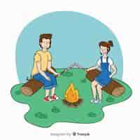 Free vector happy people camping in nature