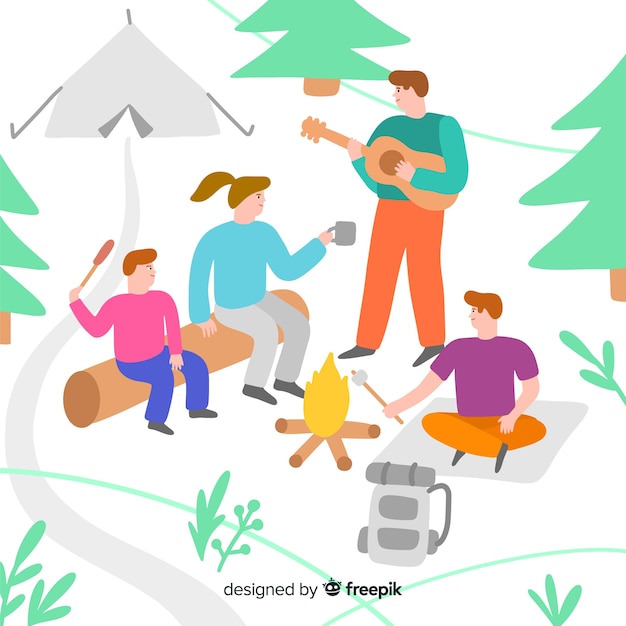 Free vector happy people camping in nature