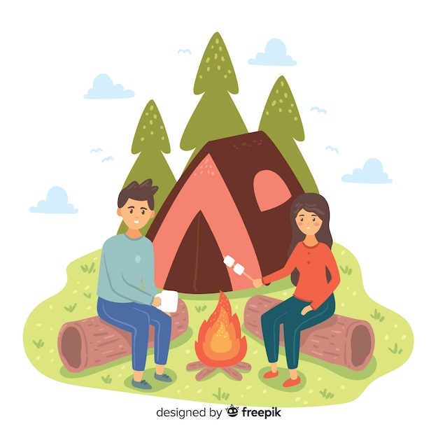 Free vector happy people camping in nature