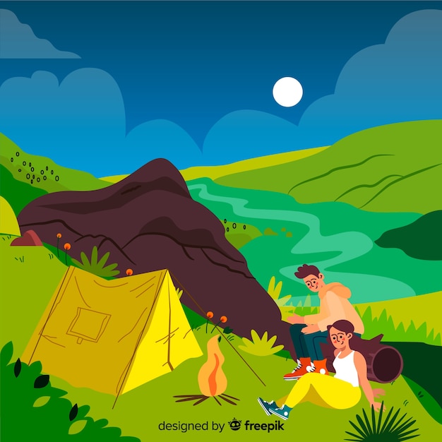 Free vector happy people camping in nature