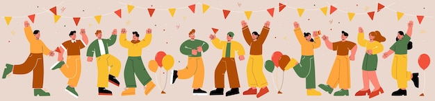 Счастливые люди отмечают вечеринку, корпоративный веселый праздник