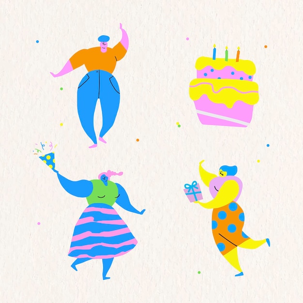 Happy people celebrating a birthday party doodles set vector