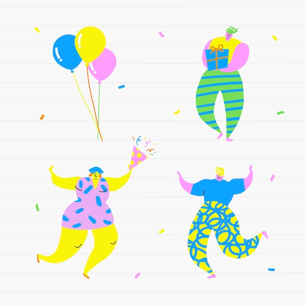 Happy people celebrating a birthday party doodles set vector