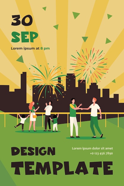 Happy people celebrating on city street and watching fireworks flat flyer template Free Vector