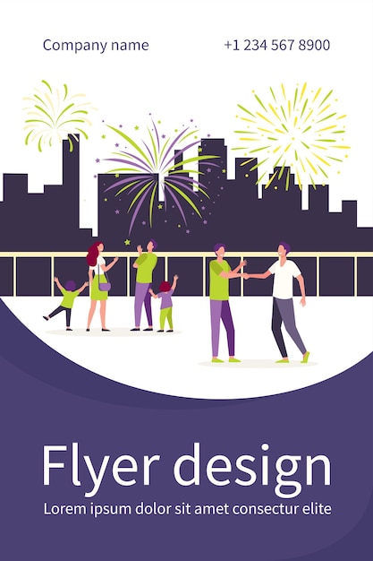 Happy people celebrating on city street and watching fireworks flat Flyer template