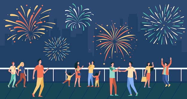 Vector Templates: Happy People Celebrating on City Street and Watching Fireworks – Free Stock Photo