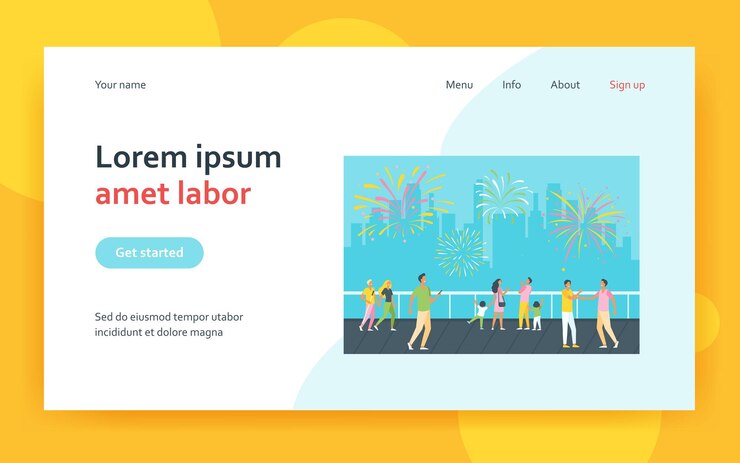 Free Vector happy people celebrating on city street and watching fireworks landing page