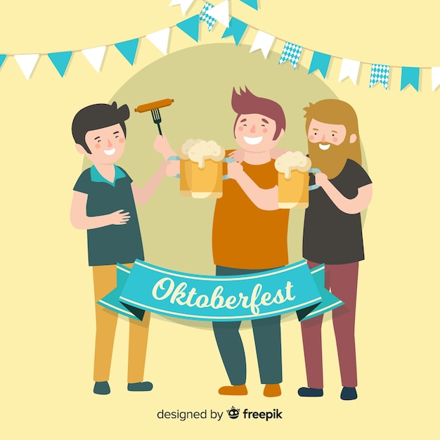 Free vector happy people celebrating oktoberfest with flat design