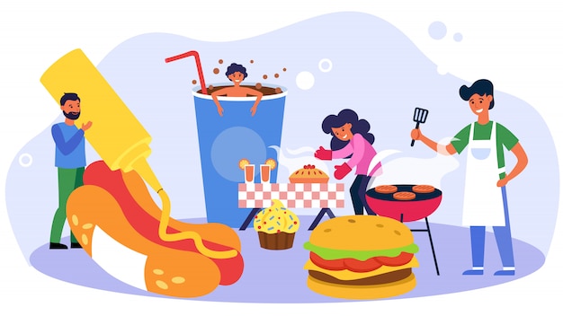 Free vector happy people cooking sweet and fast food