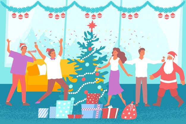 Счастливые люди танцуют вокруг украшенной елки на рождественской вечеринке с плоской векторной иллюстрацией