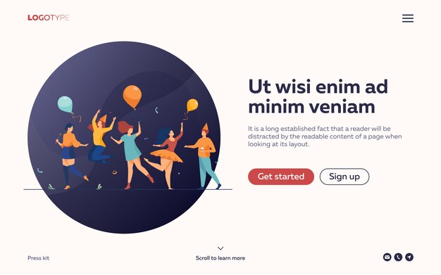 Счастливые люди танцуют на плоской иллюстрации партии. Целевая страница или веб-шаблон