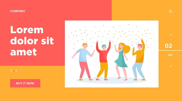 Free vector happy people dancing at party together web template. cartoon excited friends or coworkers celebrating with confetti