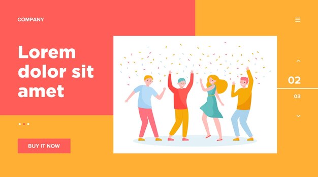 Happy people dancing at party together web template. Cartoon excited friends or coworkers celebrating with confetti