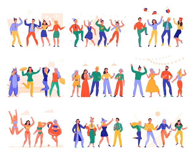 テーマパジャマとスイミングプールパーティーフラットセットで踊る幸せな人々は、白い背景のベクトル図に分離