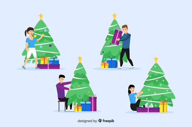 Happy people decorating christmas tree on blue background