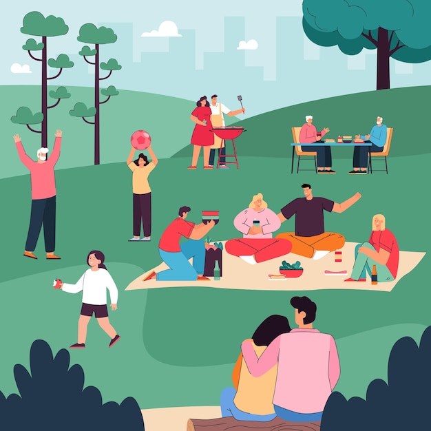 Happy people eating, drinking together, communicating under trees, playing with children. Cartoon family resting during picnic in city park illustration