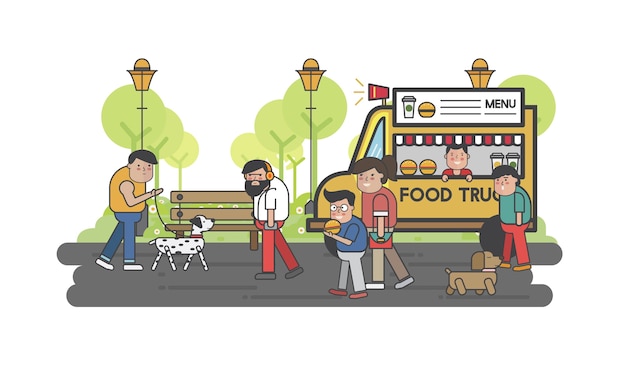 Happy people at a food truck – Free vector download for vector illustrations