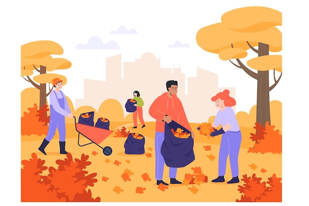 무료 벡터 도시 공원에서 함께 낙엽을 모으는 행복한 사람들