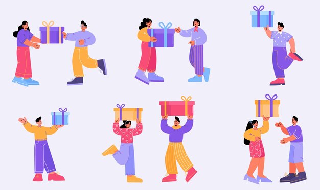 Happy people hold gift boxes give presents