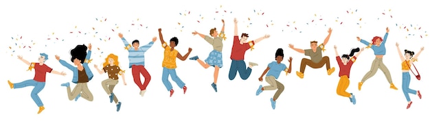 Free vector happy people jump with raised arms characters win