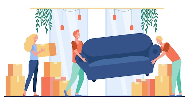 Free vector happy people moving into new home. cartoon characters carrying carton boxes and sofa indoors
