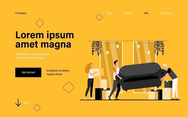 Happy people moving into new home landing page in flat style
