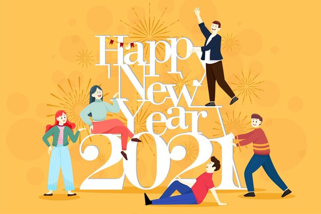 Free Vector happy people or office workers, employees hold big numbers 2021. group of friends or team wish merry christmas and happy new year