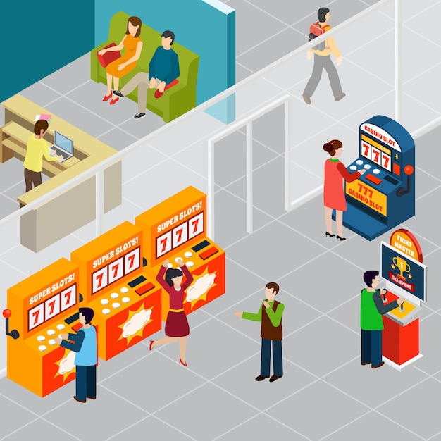 Free vector happy people playing game machines 3d isometric