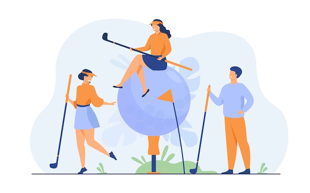 Free vector happy people playing golf with brassies and ball on lawn, enjoying their hobby, having fun.