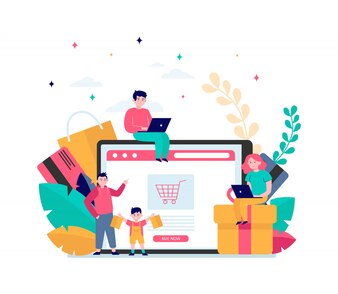 riset kata kunci lazada Happy people shopping online Free Vector