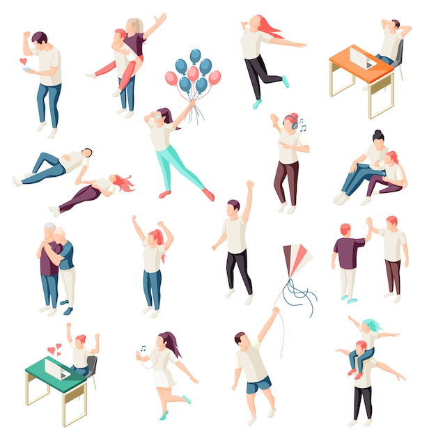 Happy people spending time together relaxing enjoying nature chat physical activity outdoor isometric icons collection