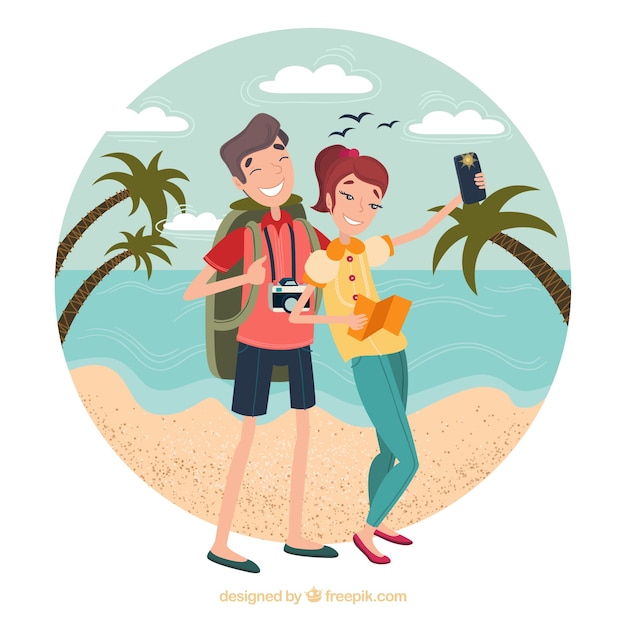 Free vector happy people traveling around the world