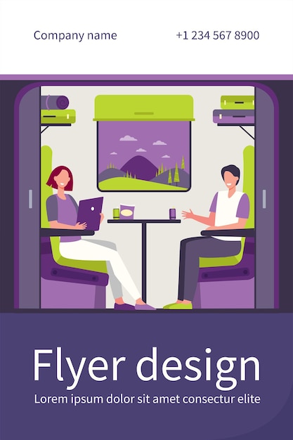 Free vector happy people traveling by train flat flyer template