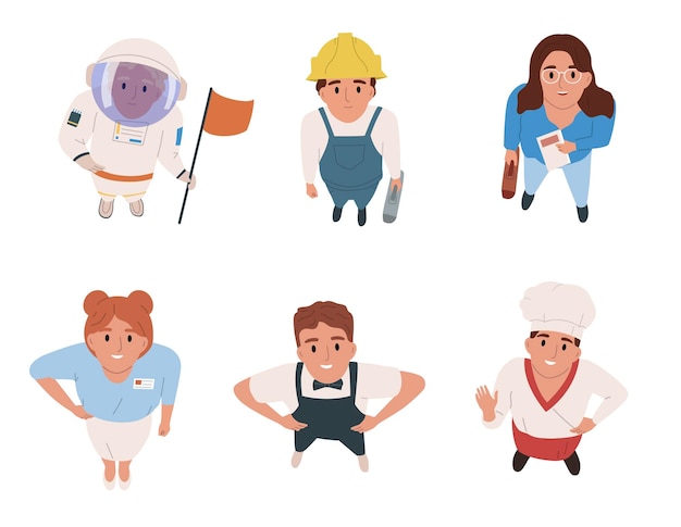 Happy people of various professions looking up flat set with top view of chef builder astronaut office worker isolated vector illustration