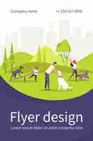 Free vector happy people walking with dogs at city park isolated flat flyer template