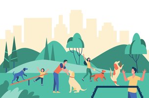 自由矢量快乐的人在城市公园遛狗孤立平面插图。