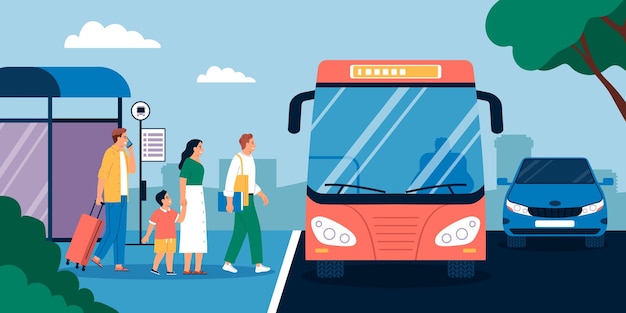 Free vector happy people with luggage getting on bus at shelter stop flat vector illustration