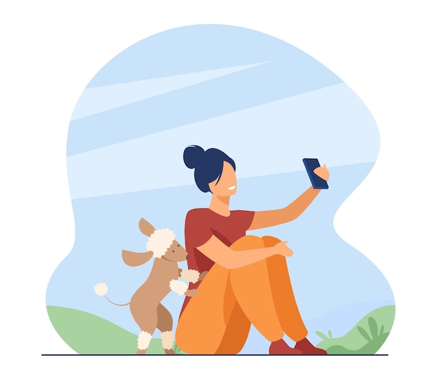 Vettore gratuito persona felice che cattura selfie all'aperto. donna che gode del tempo con il suo cane nel parco. illustrazione del fumetto
