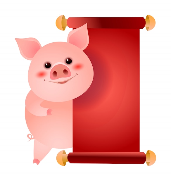 Happy pig standing at blank red paper illustration